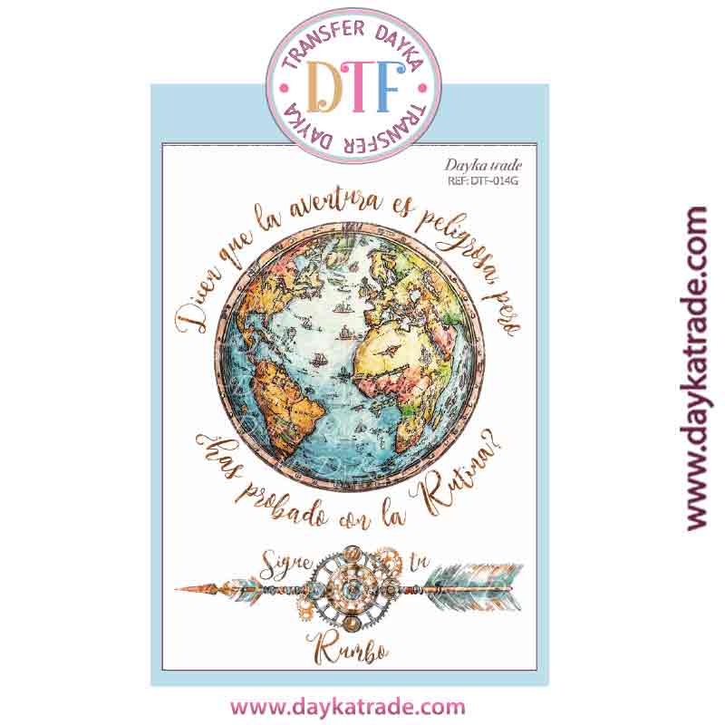DTF-014 TRANSFERENCIA TEXTIL CON DIBUJO DEL MUNDO Y FLECHA - Imagen 2